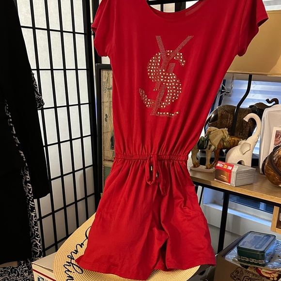 Red Short Sleeve Drawstring Romper with Rhinestone Logo - Picture 4 of 4